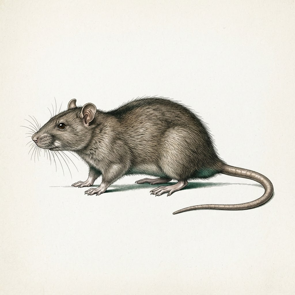 Planche naturaliste : rat brun (Rattus norvegicus) dessiné de profil, corps entier