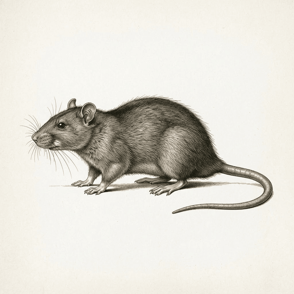 Planche naturaliste : rat brun (Rattus norvegicus) dessiné de profil, corps entier
