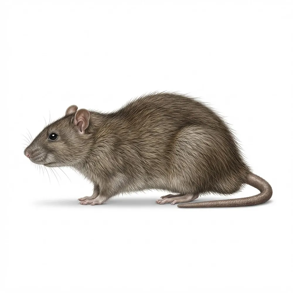 Rat surmulot (Rattus norvegicus) de profil, grande taille, corps trapu, museau arrondi et petites oreilles