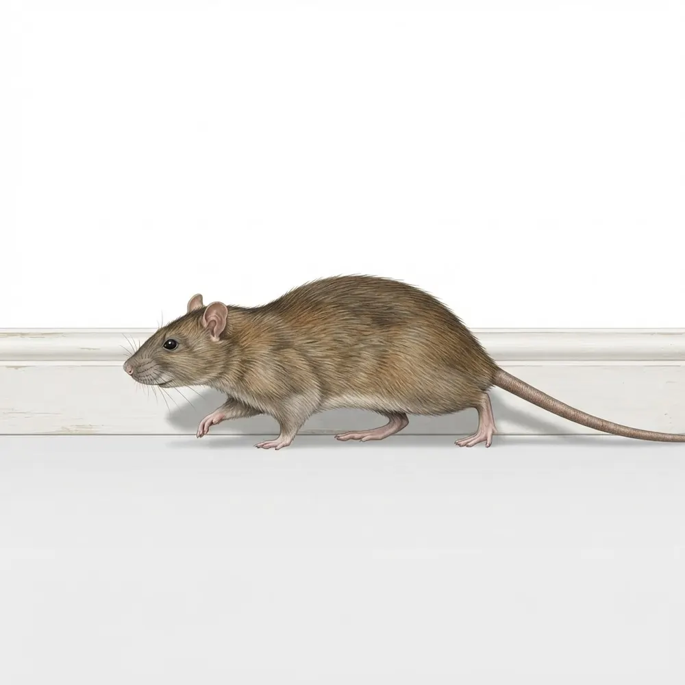 Rat surmulot longeant une plinthe au pied d’un mur